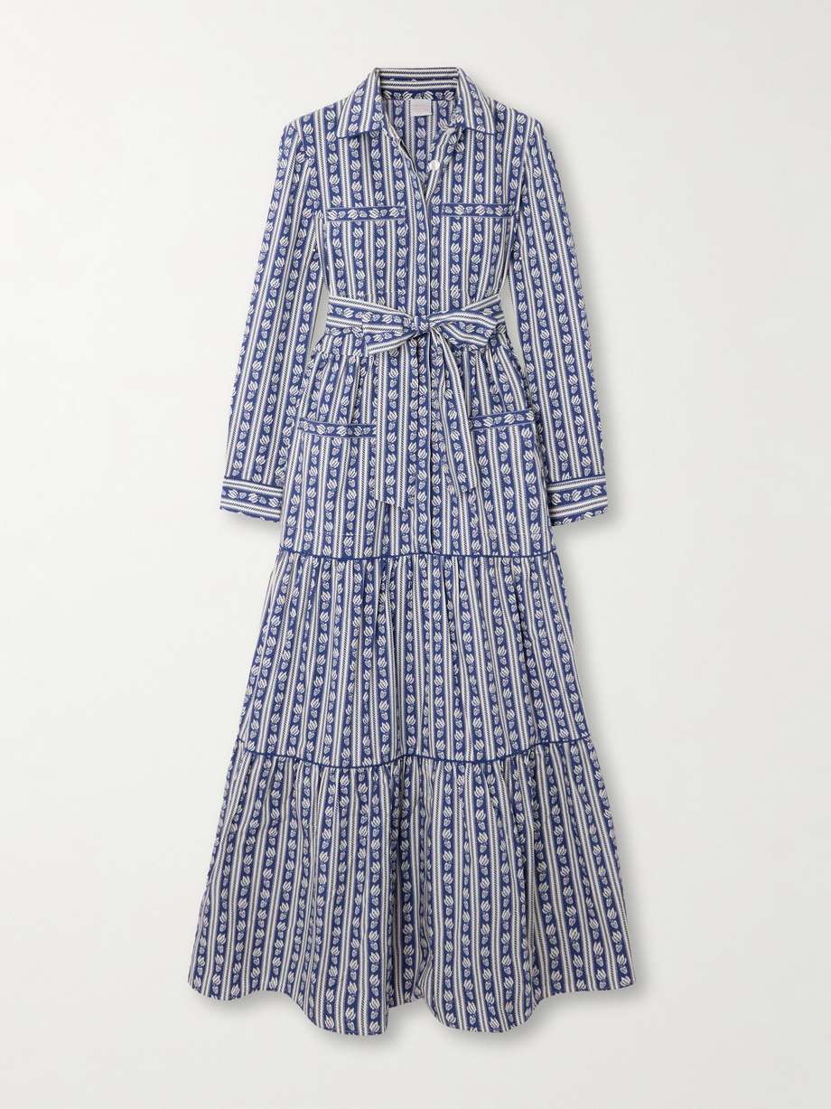 uma belted tiered printed striped cotton-poplin midi dress
