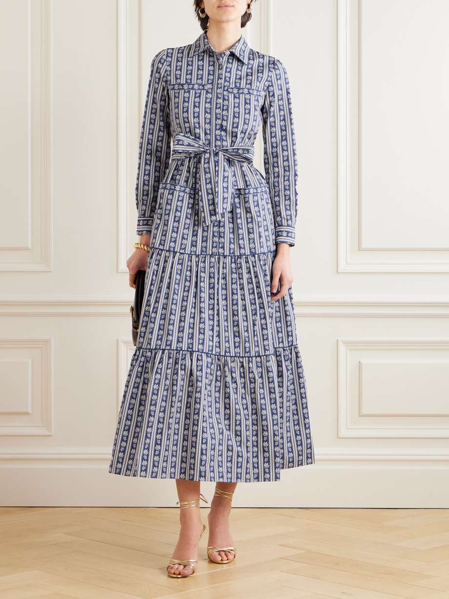 uma belted tiered printed striped cotton-poplin midi dress
