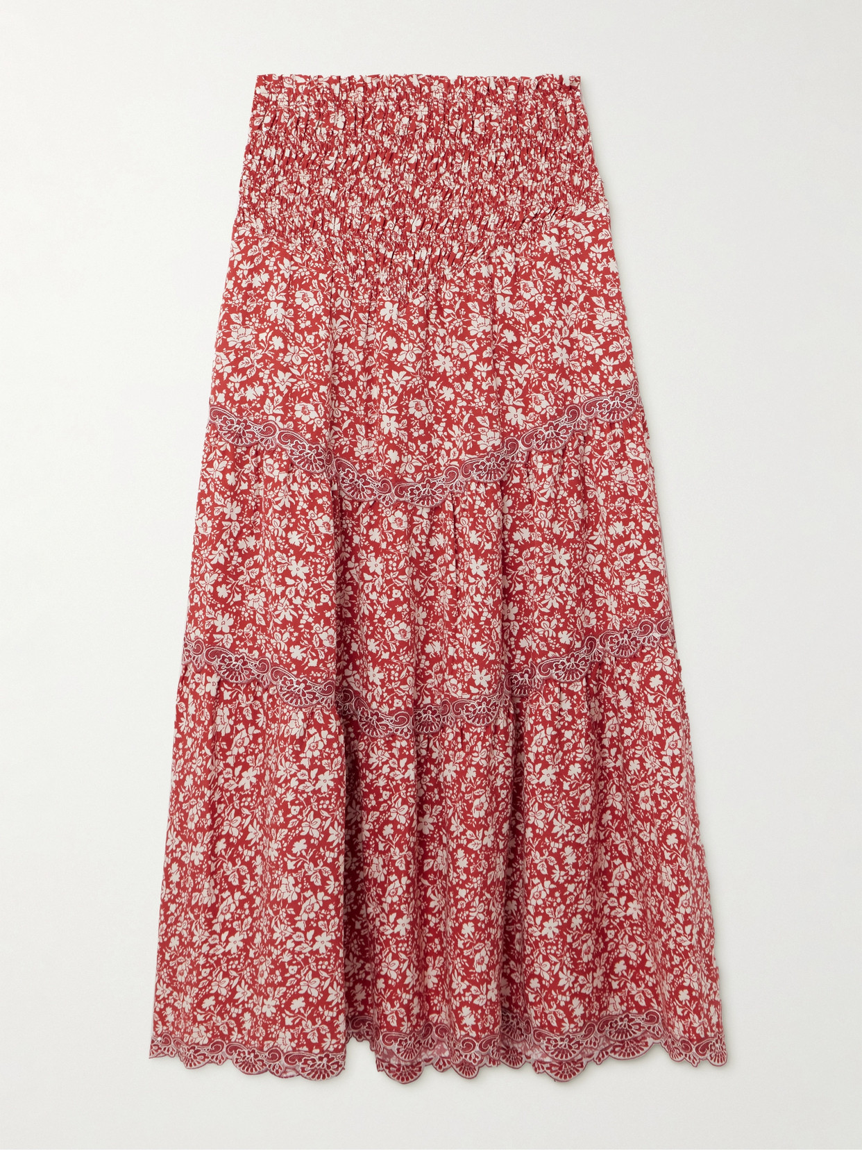 Loretta Caponi Ninfa Shirred Lace-trimmed Floral-print Lyocell Midi Skirt In Red