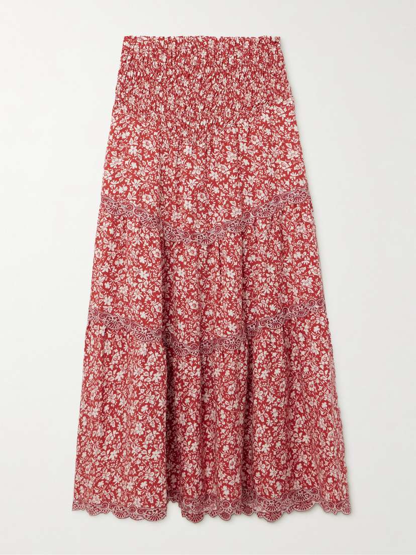 Loretta Caponi Ninfa Shirred Lace-trimmed Floral-print Lyocell Midi Skirt