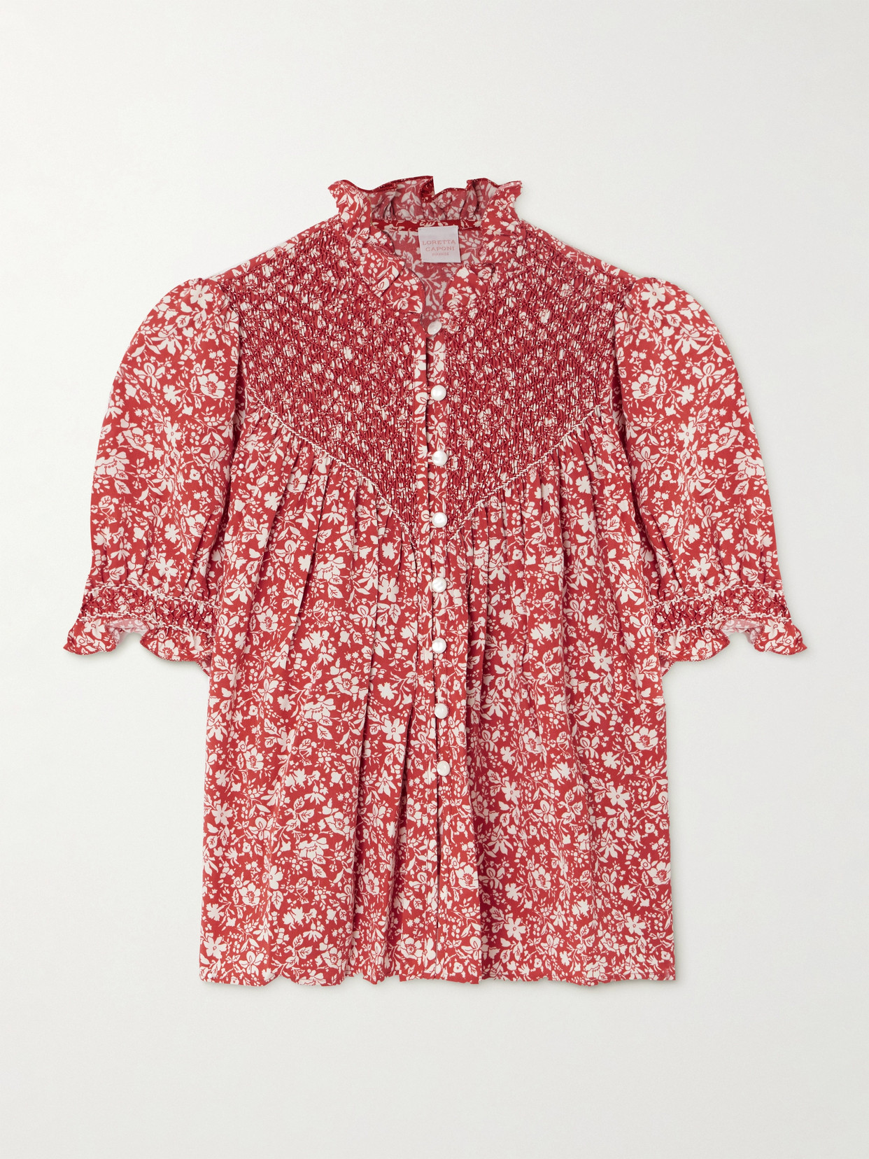 Loretta Caponi Milvia Embroidered Shirred Printed Lyocell Blouse In Red