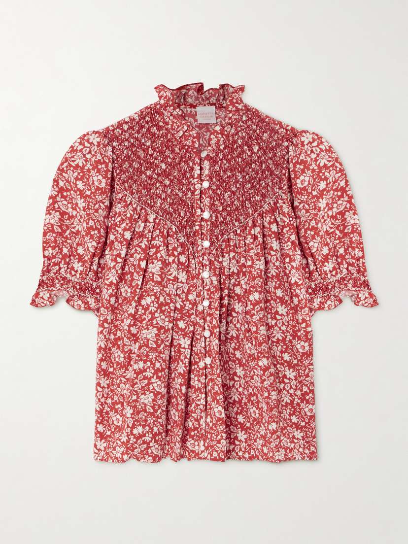 Loretta Caponi Milvia Embroidered Shirred Printed Lyocell Blouse