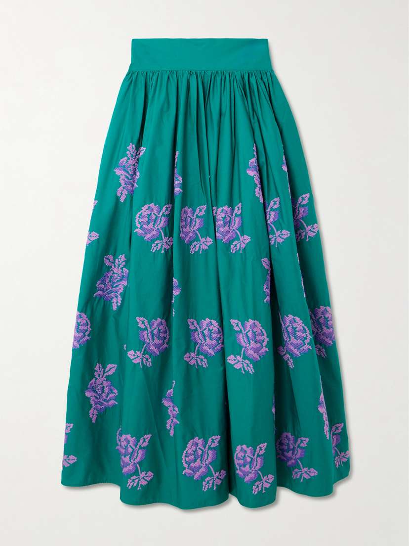 Loretta Caponi Vanessa Pleated Embroidered Cotton-poplin Maxi Skirt