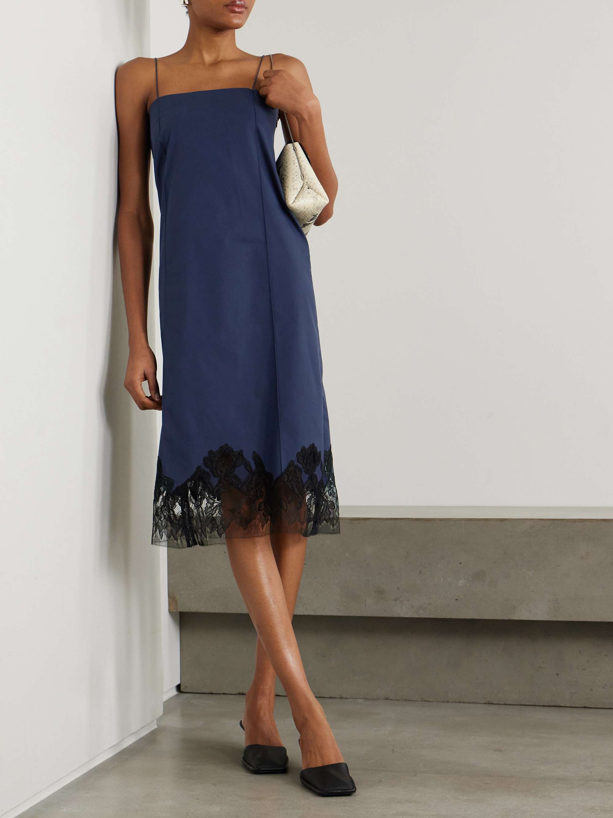 FAITHFULL Elsain lace-trimmed cotton-blend twill midi dress FAITHFULL Elsain lace-trimmed cotton-blend twill midi dress