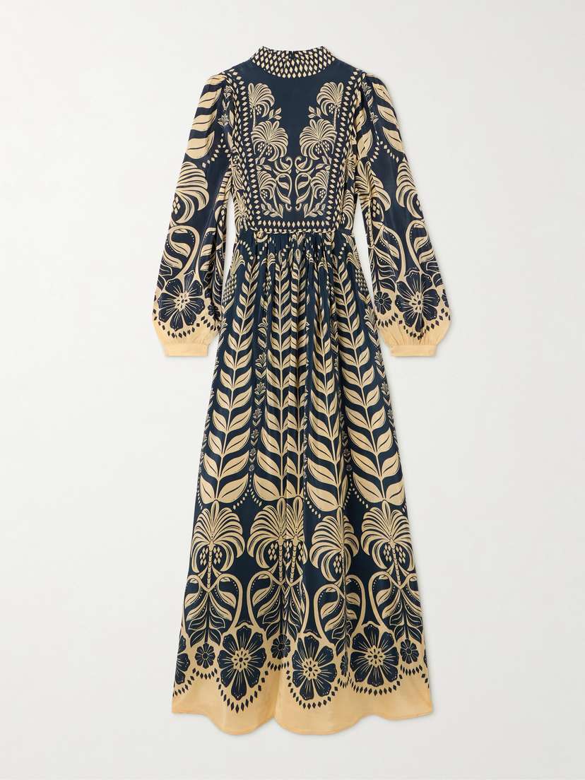 Farm Rio Ainika Gathered Printed Satin Maxi Dress