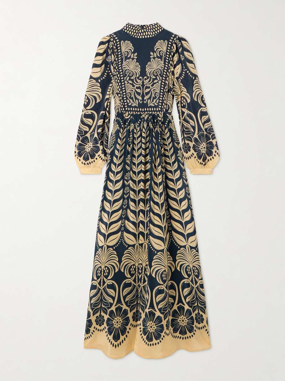 ainika gathered printed satin maxi dress