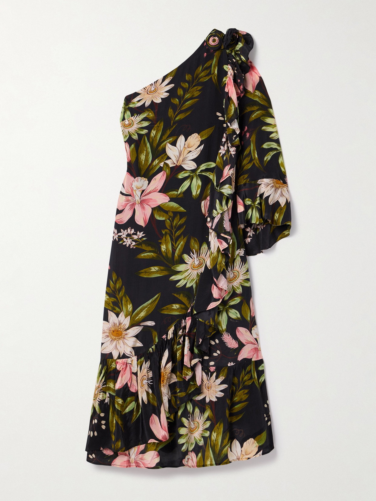Shop Farm Rio One-sleeve Ruffled Floral-print Crepe De Chine Midi Dress In Black