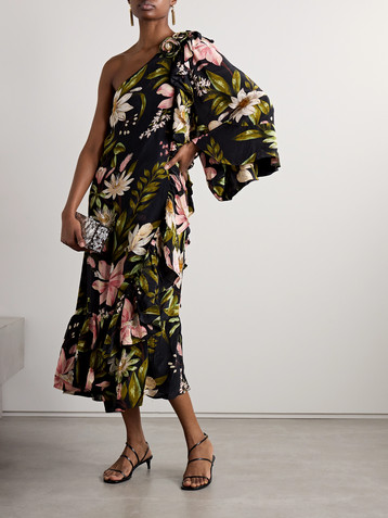 FARM Rio One-sleeve ruffled floral-print crepe de chine midi dress