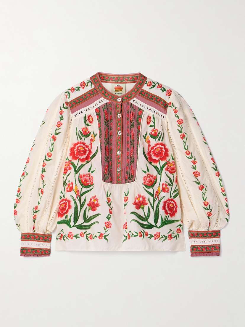 Farm Rio Broderie Anglaise-trimmed Floral-print Cotton-blend Voile Top