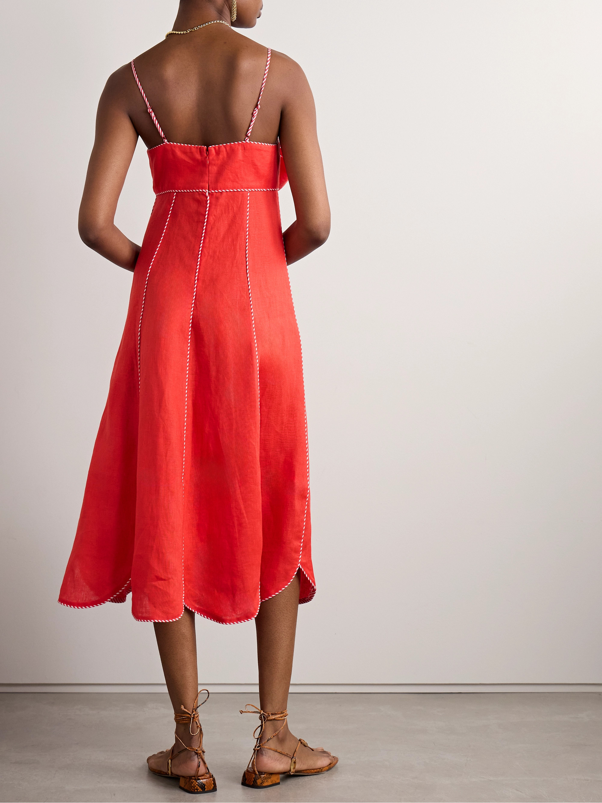 FARM Rio - Bow-embellished scalloped linen midi dress | Plush