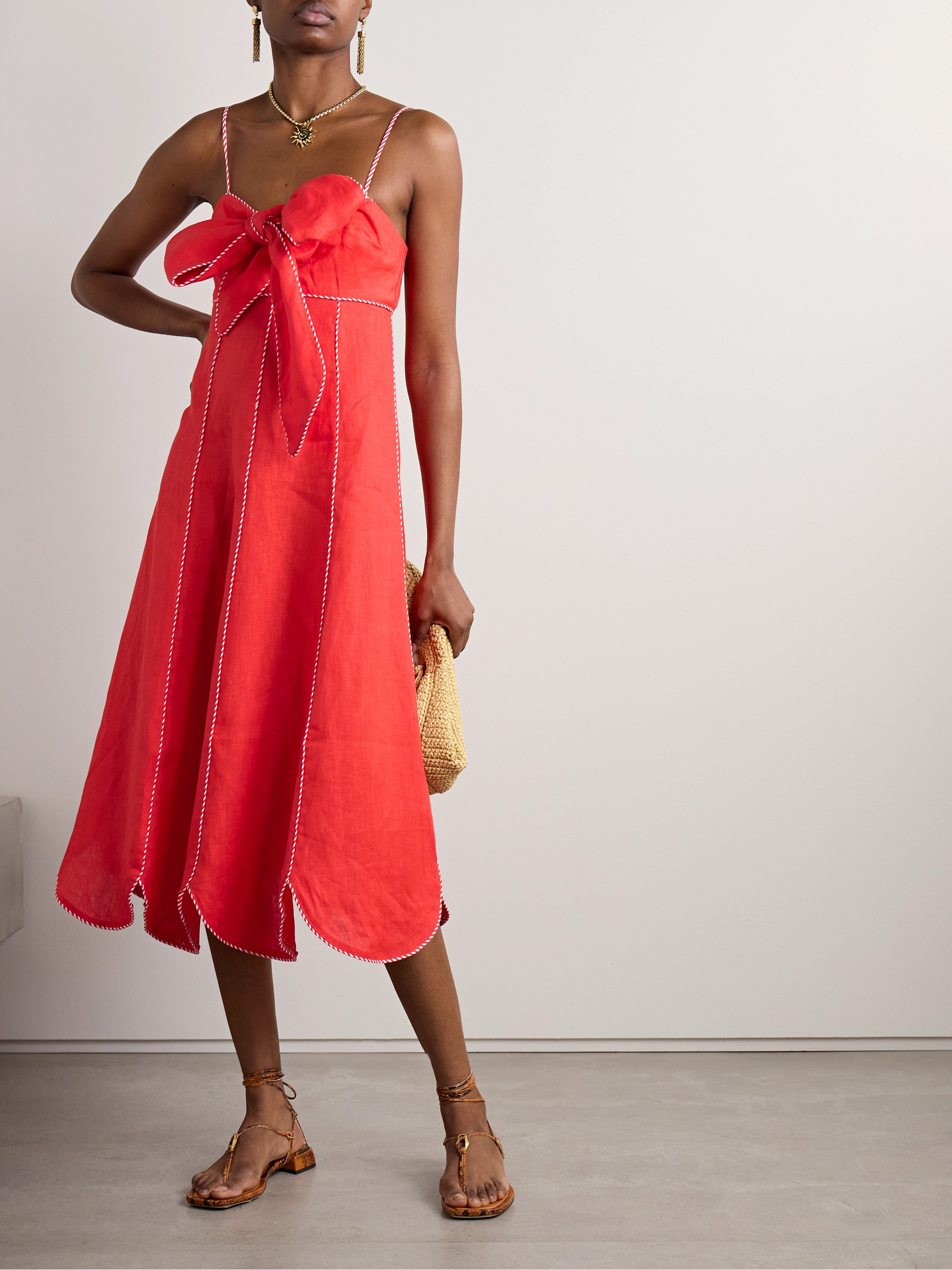 FARM Rio - Bow-embellished scalloped linen midi dress | Plush FARM Rio - Bow-embellished scalloped linen midi dress | Plush