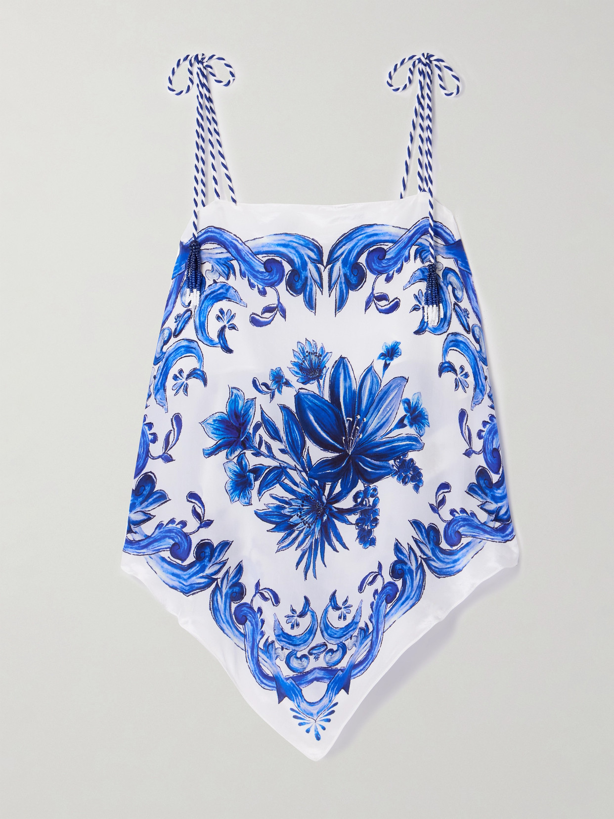 Farm Rio - Garden Tiles Bead-embellished Printed Satin Tank - Off-white