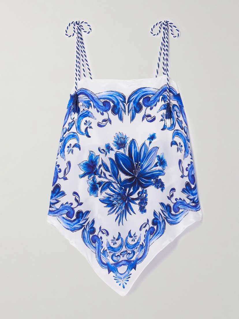 Farm Rio Garden Tiles Bead-embellished Printed Satin Tank