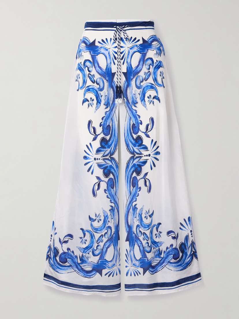 Farm Rio Garden Tiles Bead-embellished Printed Satin Wide-leg Pants