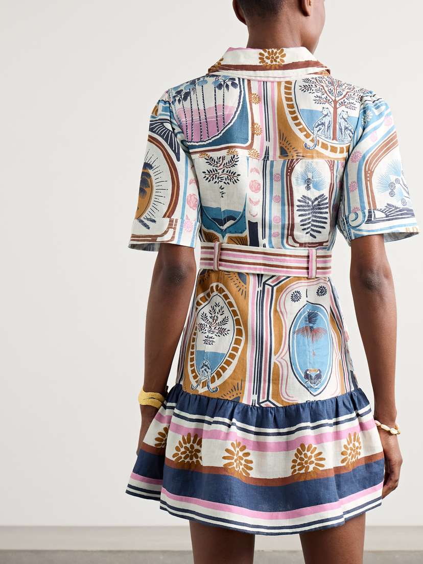 Farm Rio Cerrado Stamps Belted Printed Linen Mini Dress | Wome...