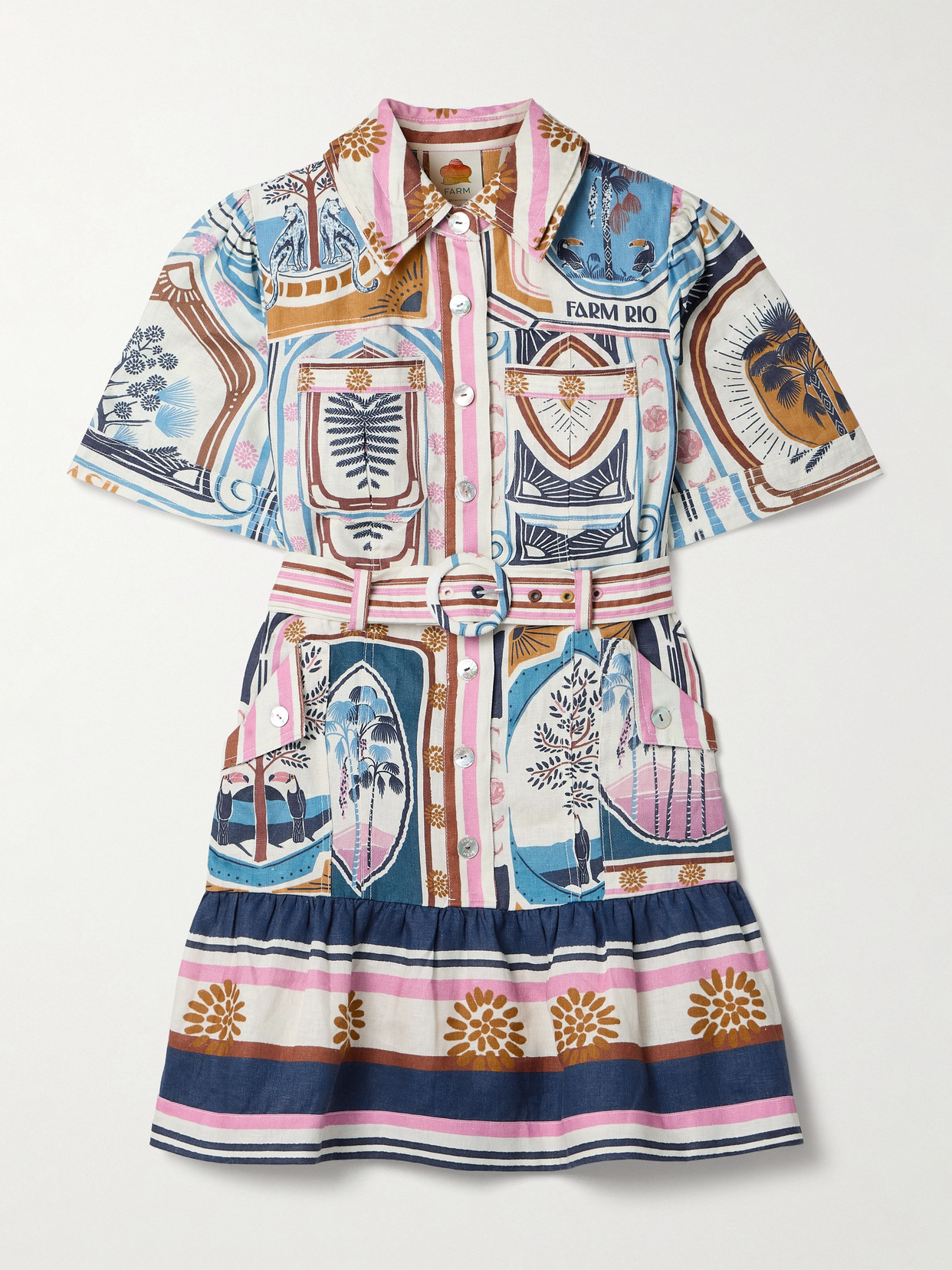 Farm Rio Cerrado Stamps Belted Printed Linen Mini Dress In Cream