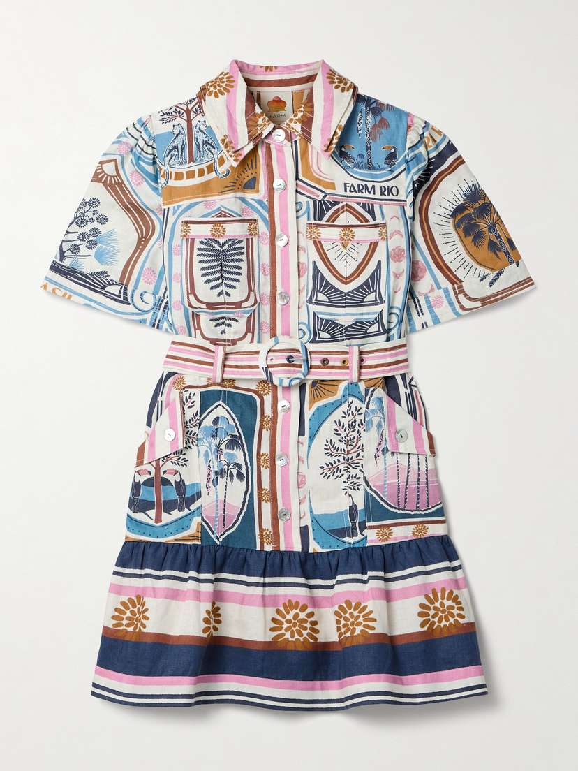 Farm Rio Cerrado Stamps Belted Printed Linen Mini Dress