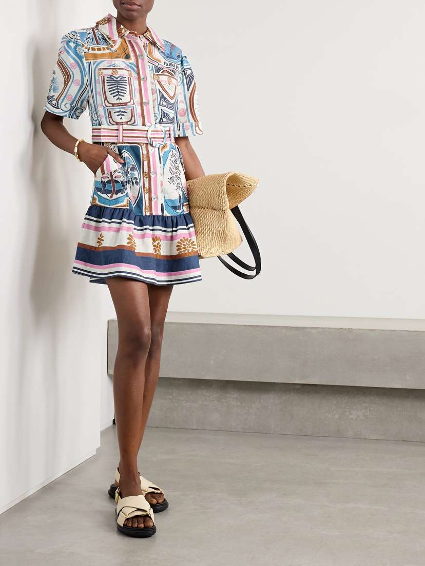 Farm Rio Cerrado Stamps Belted Printed Linen Mini Dress | Wome...