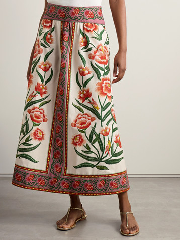 FARM Rio Pleated floral-print cotton-poplin midi skirt