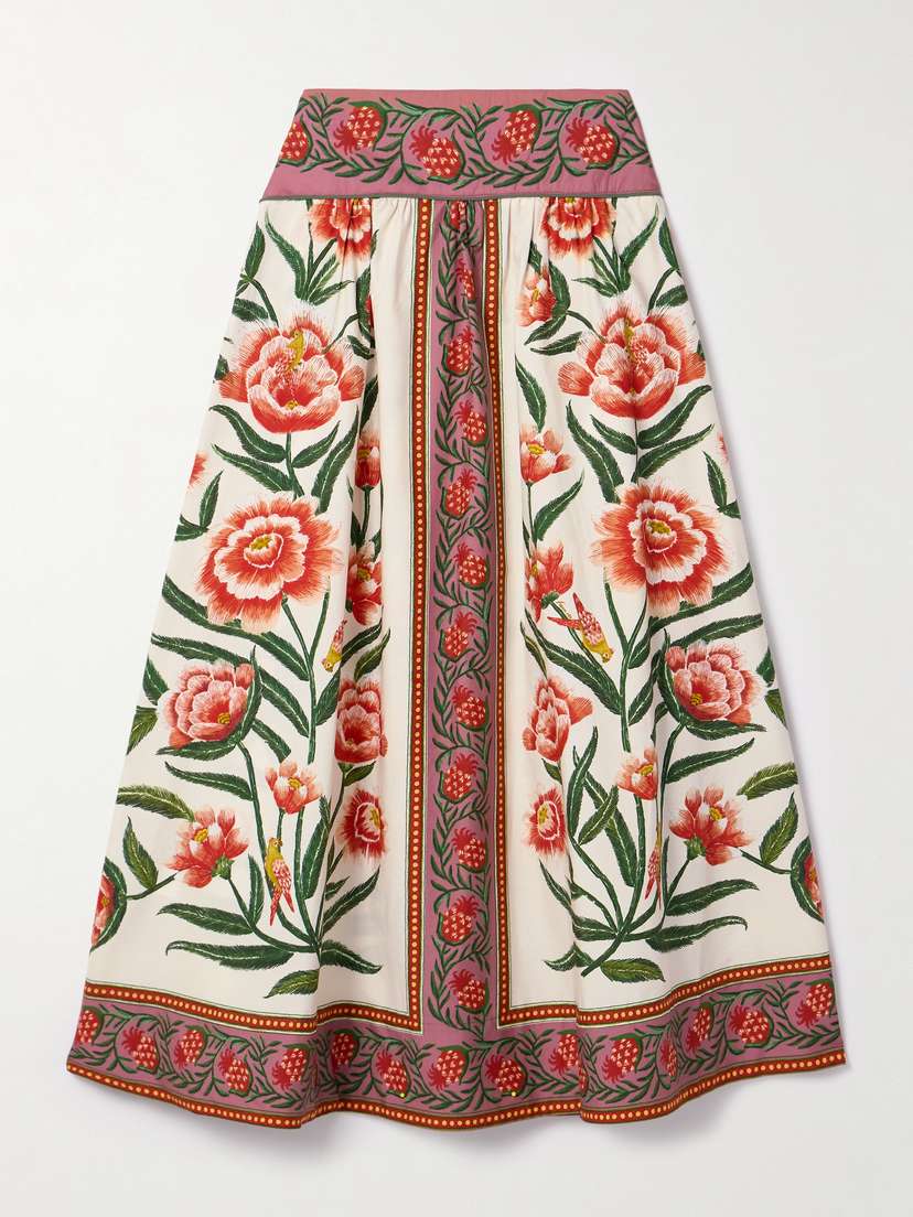 Farm Rio Pleated Floral-print Cotton-poplin Midi Skirt