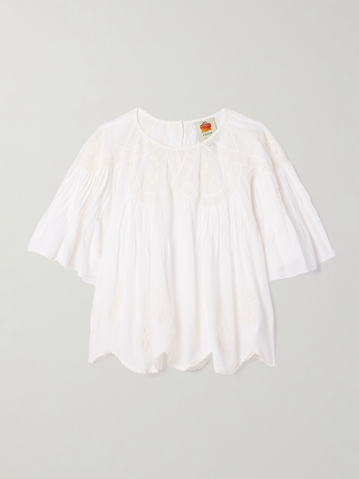 Farm Rio Crochet-trimmed Embroidered Cotton-voile Blouse In Off-white