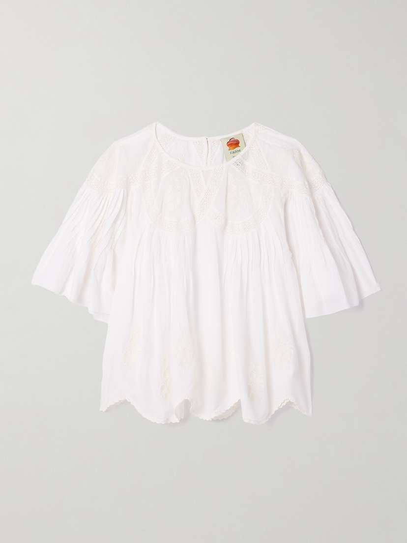 Farm Rio Crochet-trimmed Embroidered Cotton-voile Blouse