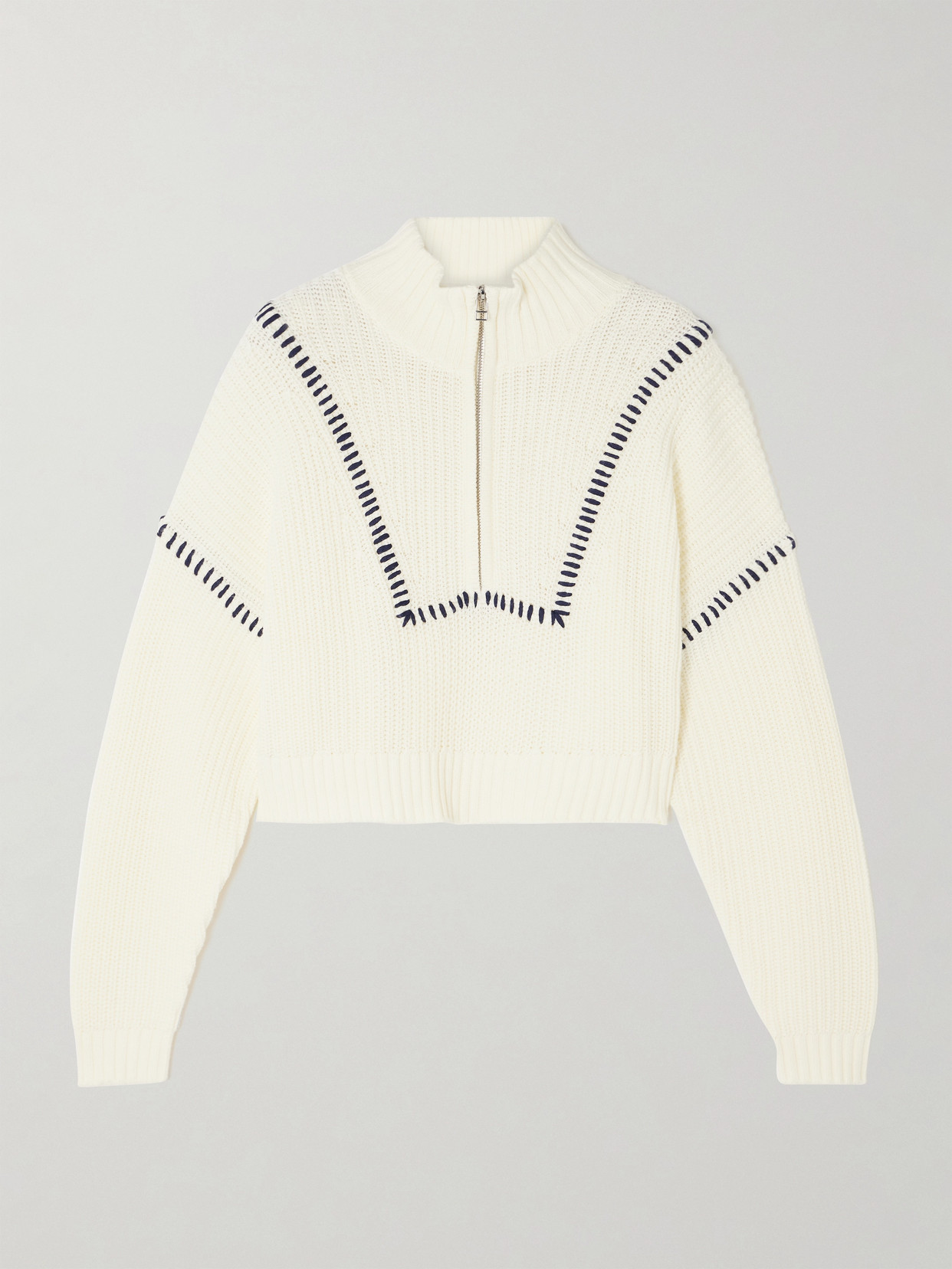 Staud Hampton Cropped Embroidered Ribbed Cotton-blend Sweater In Ivory