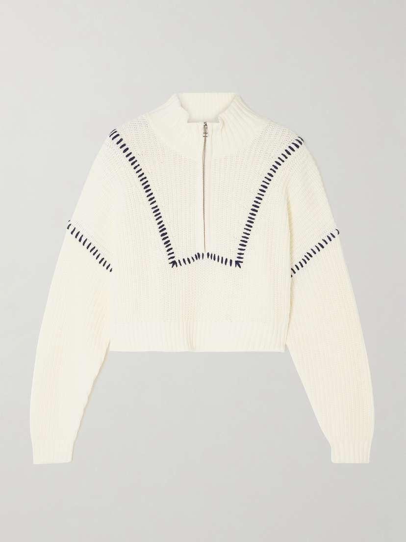 Staud Hampton Cropped Embroidered Ribbed Cotton-blend Sweater