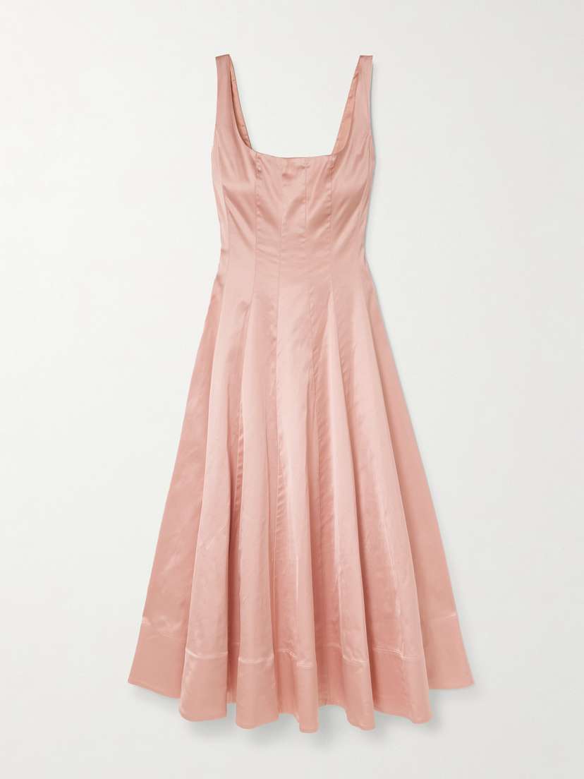 Staud Wells Pleated Satin Midi Dress