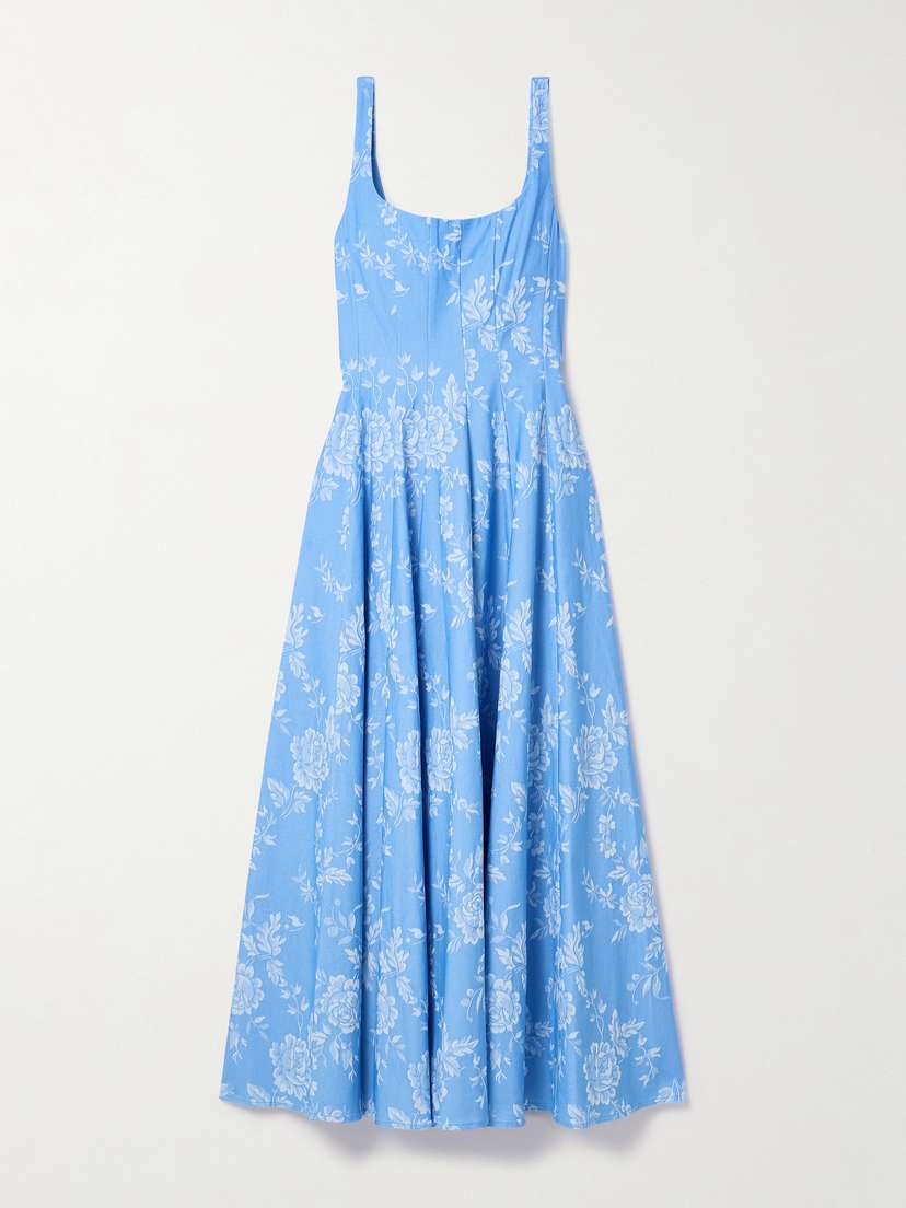 Staud Wells Pleated Floral-jacquard Stretch-twill Midi Dress