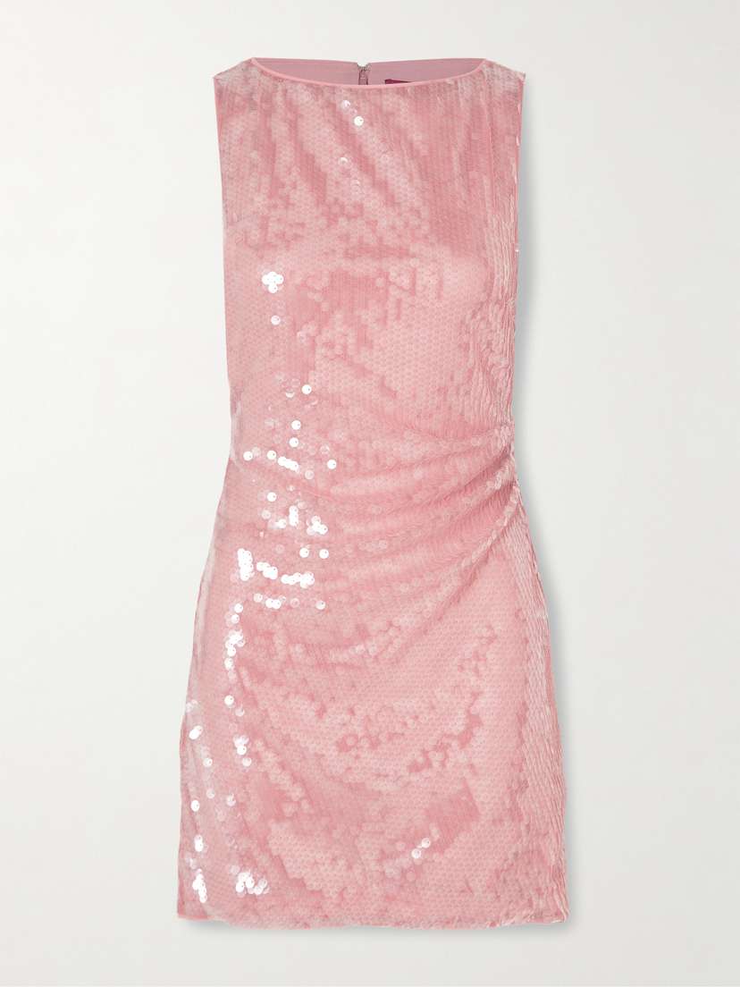 Staud Eton Ruched Sequined Tulle Mini Dress