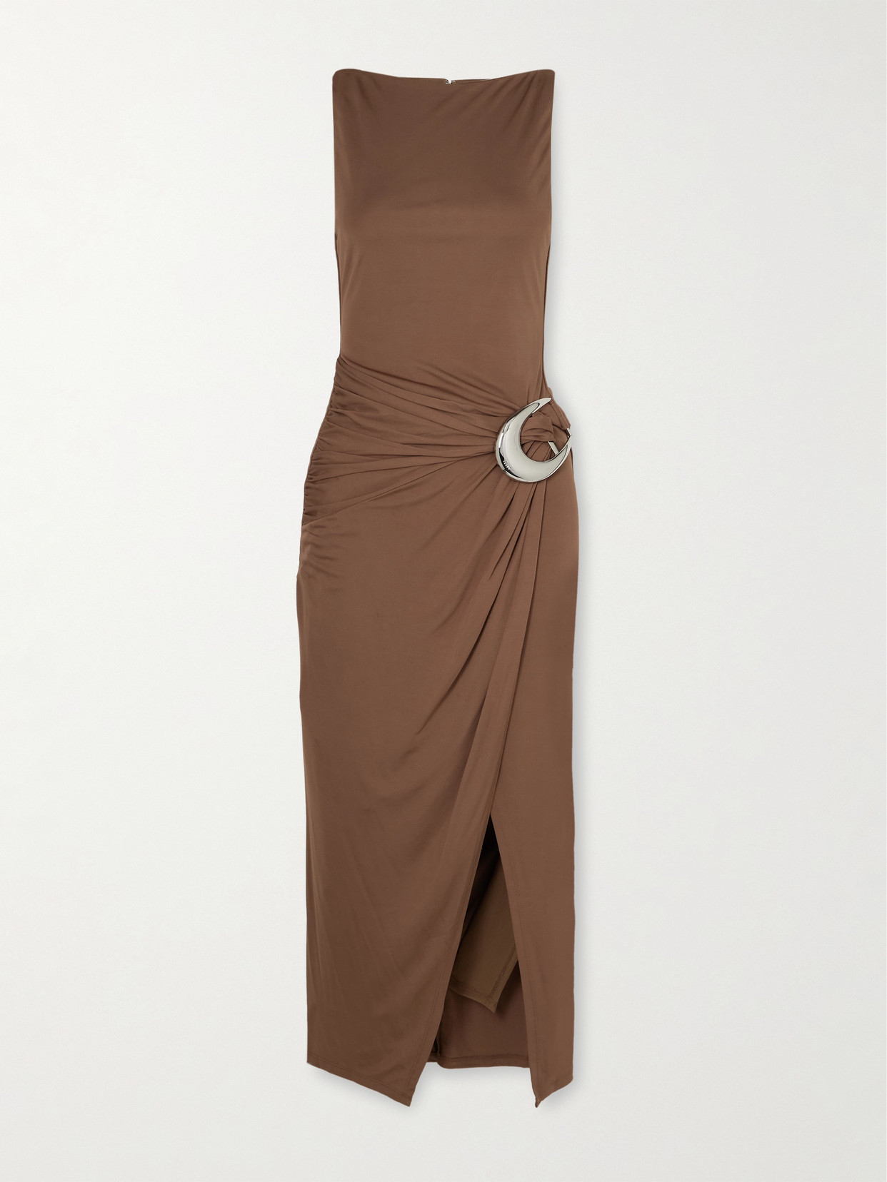 Staud Talia Buckled Ruched Jersey Midi Dress In Brown