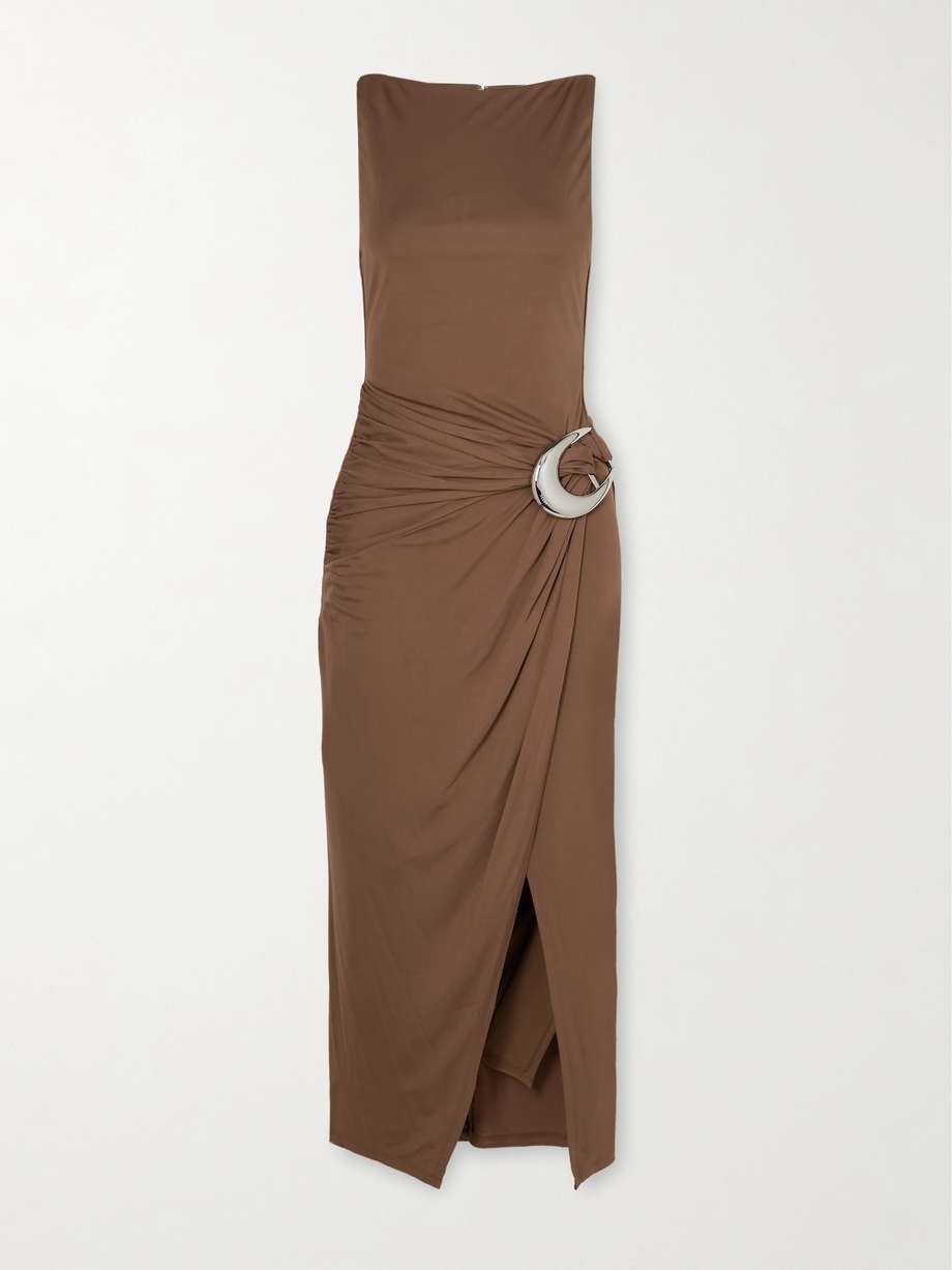 talia buckled ruched jersey midi dress