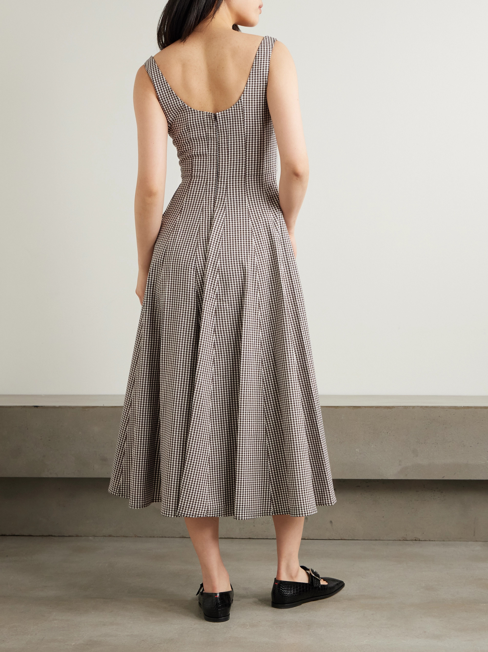 Staud Wells pleated gingham poplin midi dress