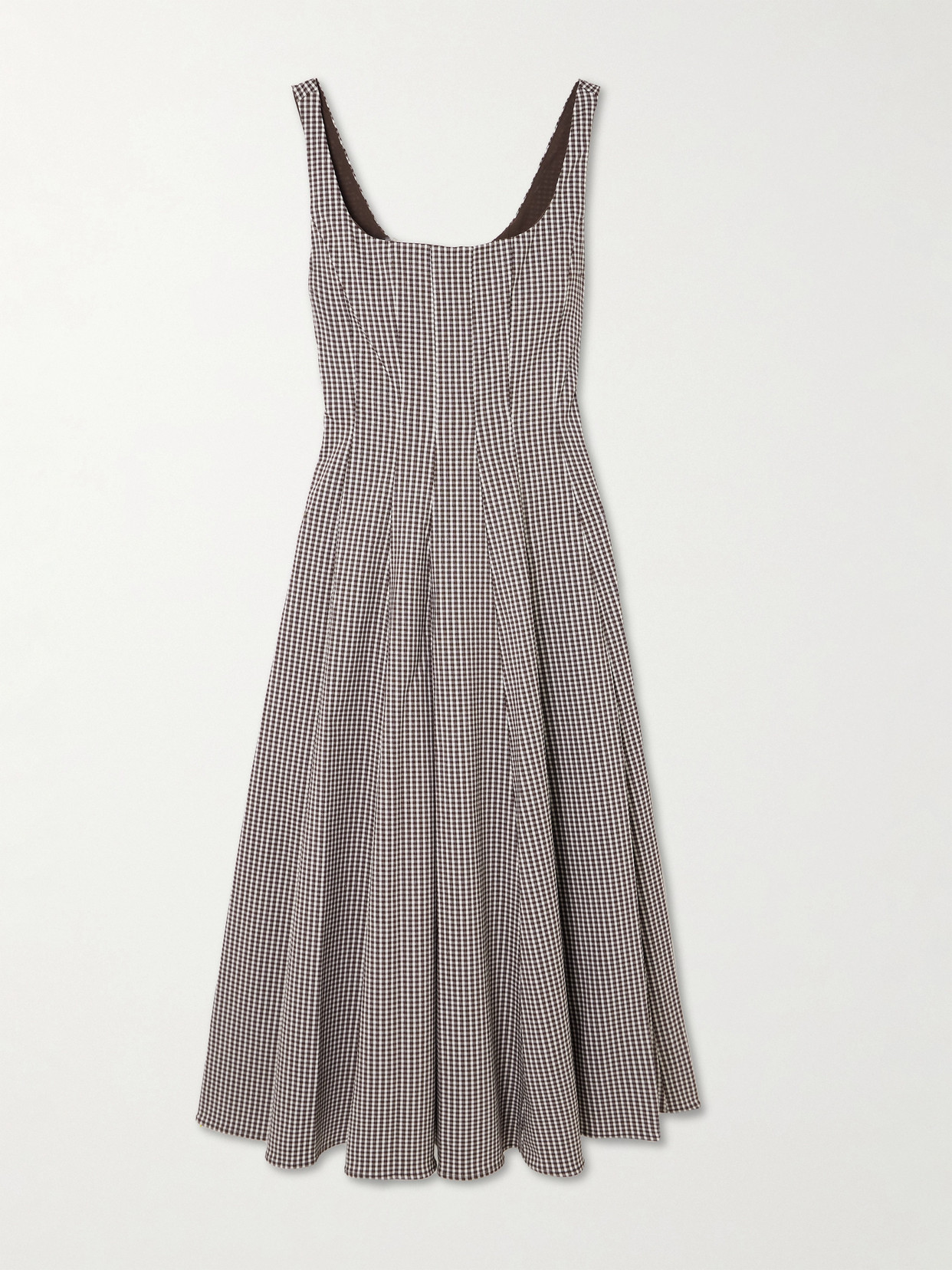STAUD - Wells Pleated Gingham Poplin Midi Dress - Chocolate