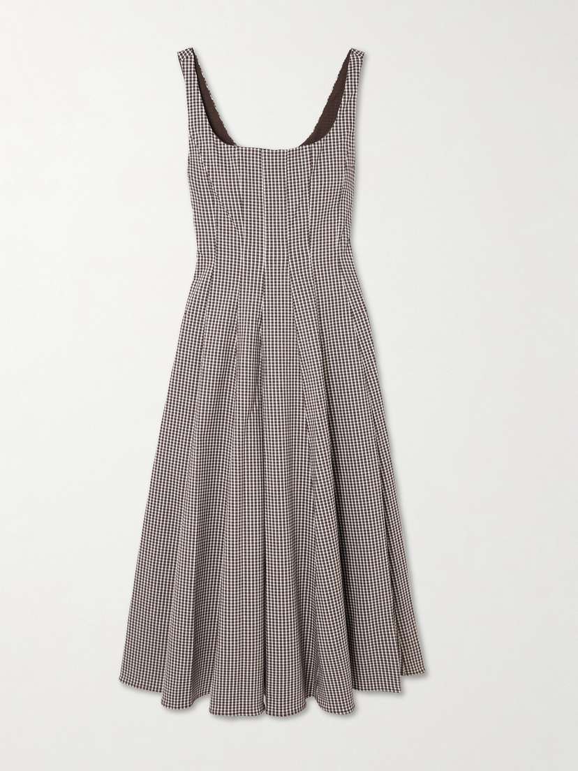Staud Wells Pleated Gingham Poplin Midi Dress