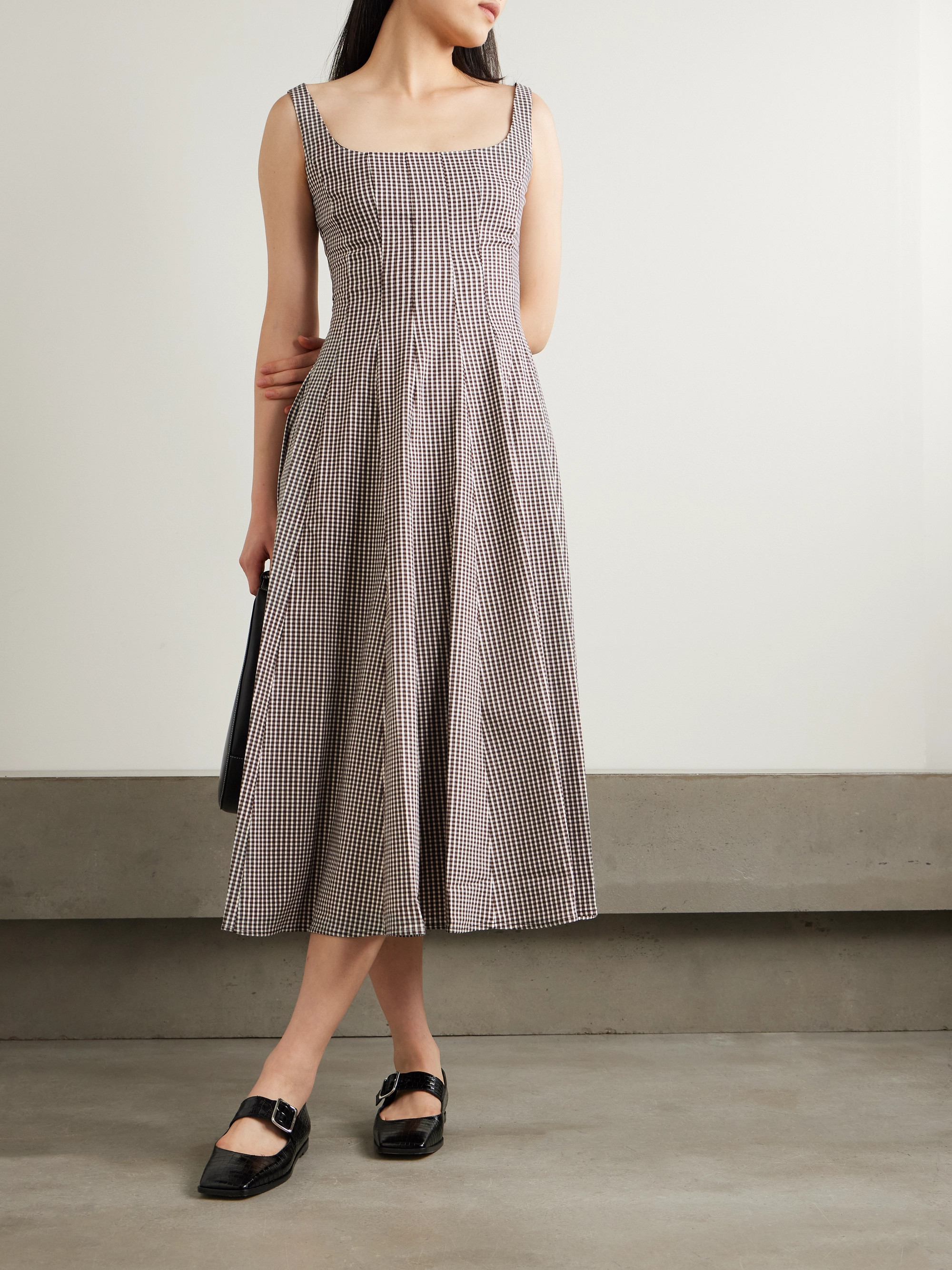 Staud Wells pleated gingham poplin midi dress