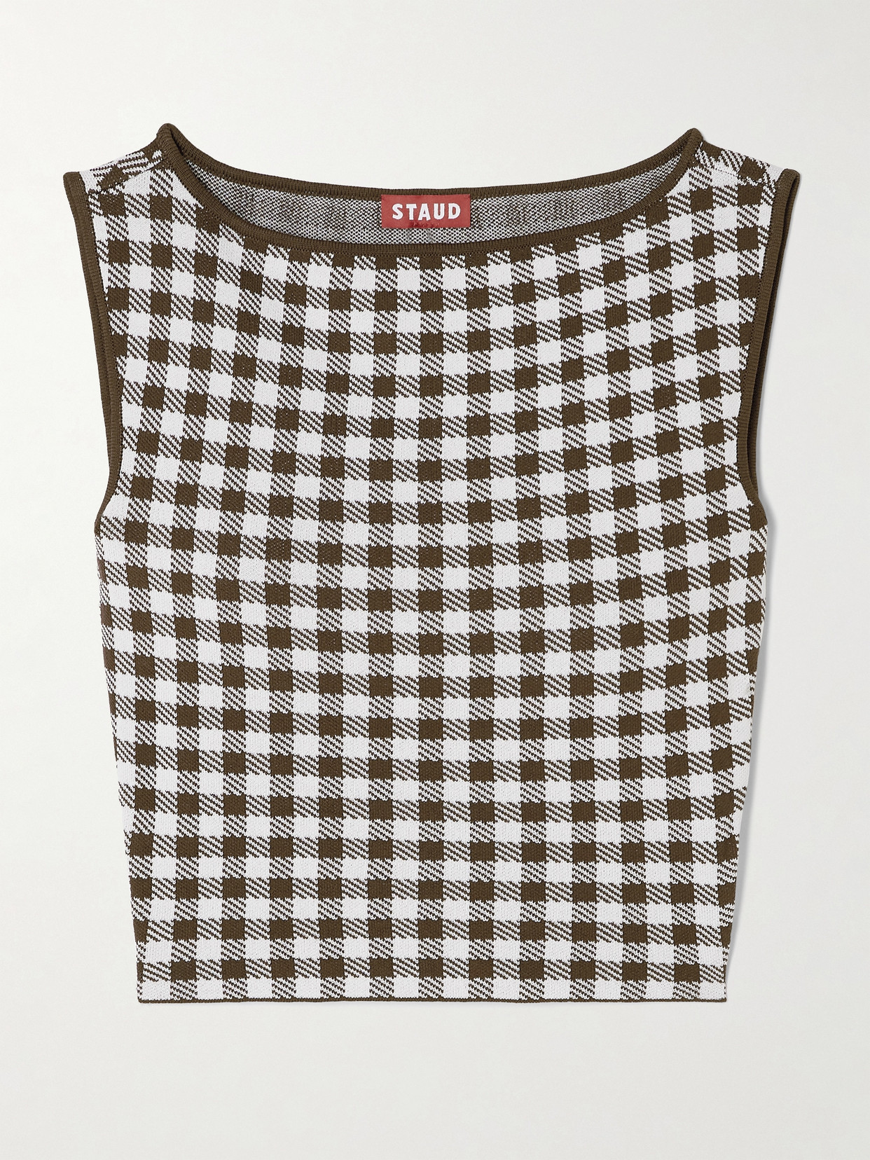 Staud Montgomery Cropped Gingham Jacquard-knit Tank In Brown