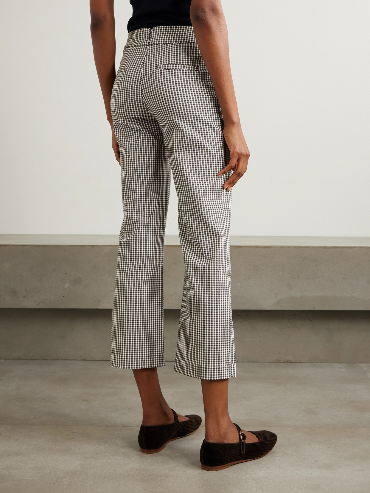STAUD KNACK CROPPED GINGHAM STRETCH-CADY FLARED PANTS