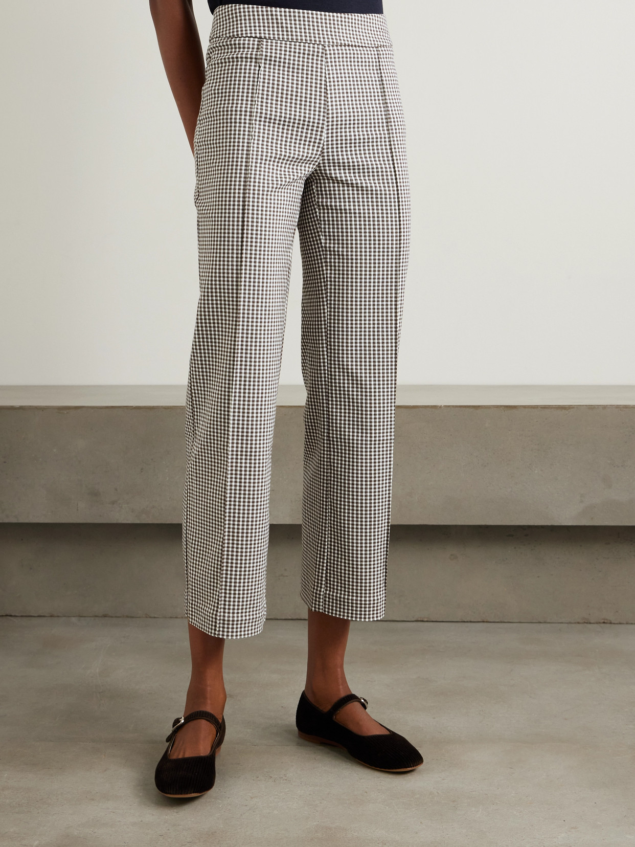 STAUD KNACK CROPPED GINGHAM STRETCH-CADY FLARED PANTS