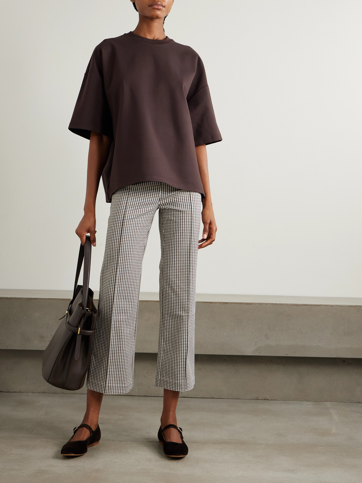 STAUD KNACK CROPPED GINGHAM STRETCH-CADY FLARED PANTS