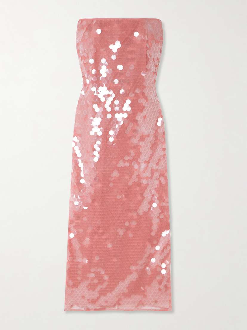 Staud Casey Strapless Paillette-embellished Tulle Midi Dress
