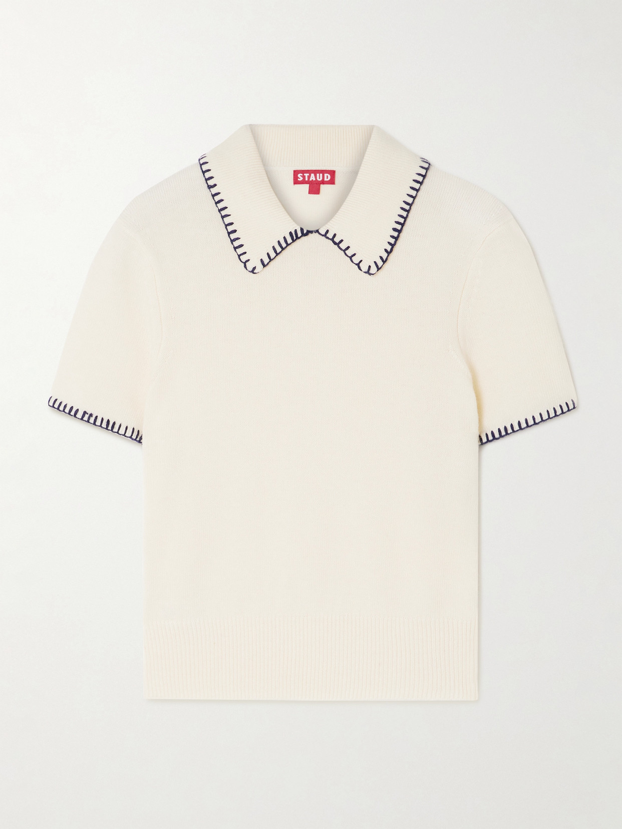 Staud Windsor Cropped Embroidered Wool-blend Polo Shirt In Ivory