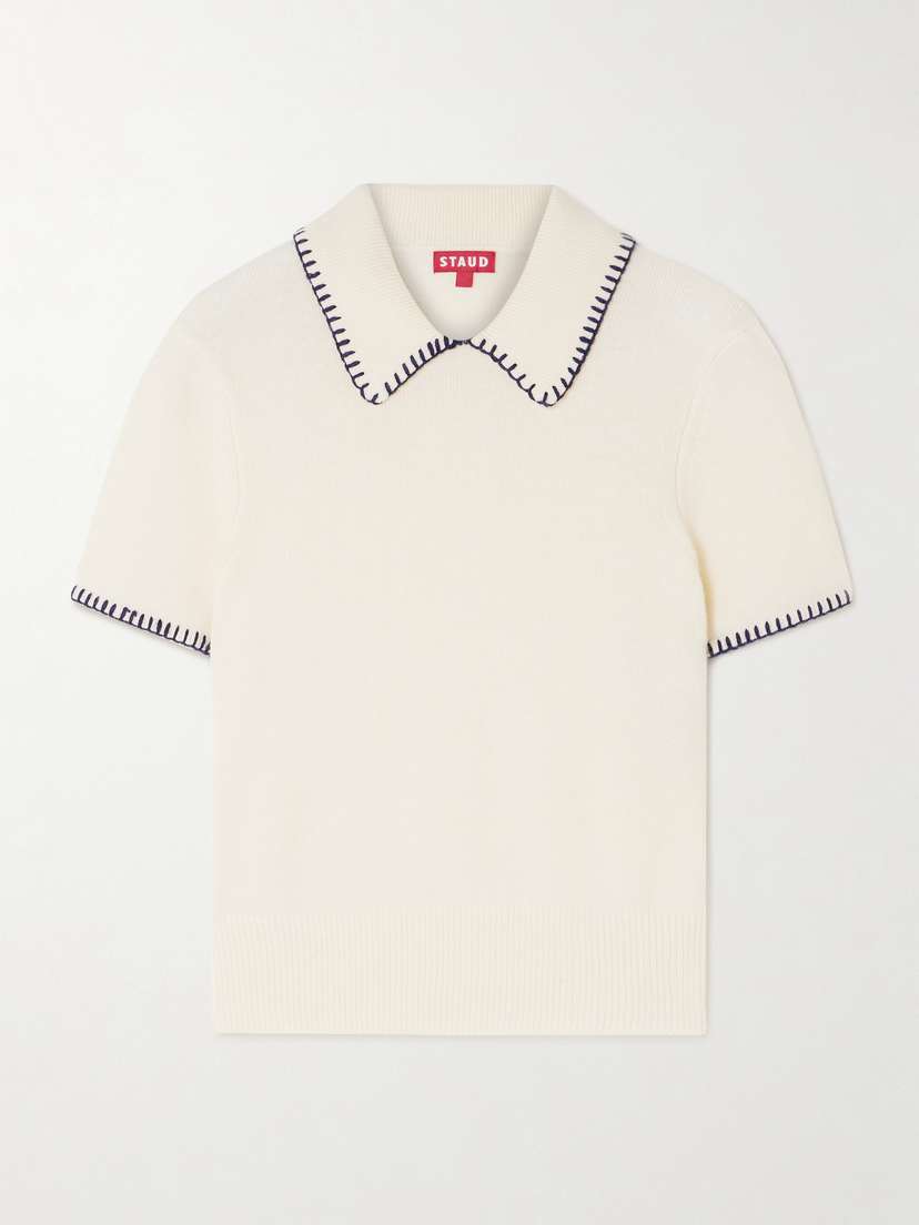Staud Windsor Cropped Embroidered Wool-blend Polo Shirt