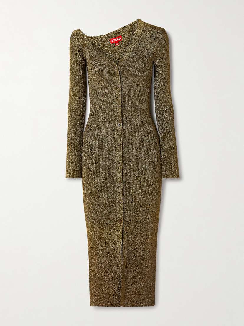 Staud Craftsman Off-the-shoulder Metallic Ribbed-knit Midi Dress