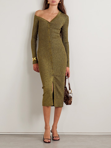 Staud Craftsman off-the-shoulder metallic ribbed-knit midi dress