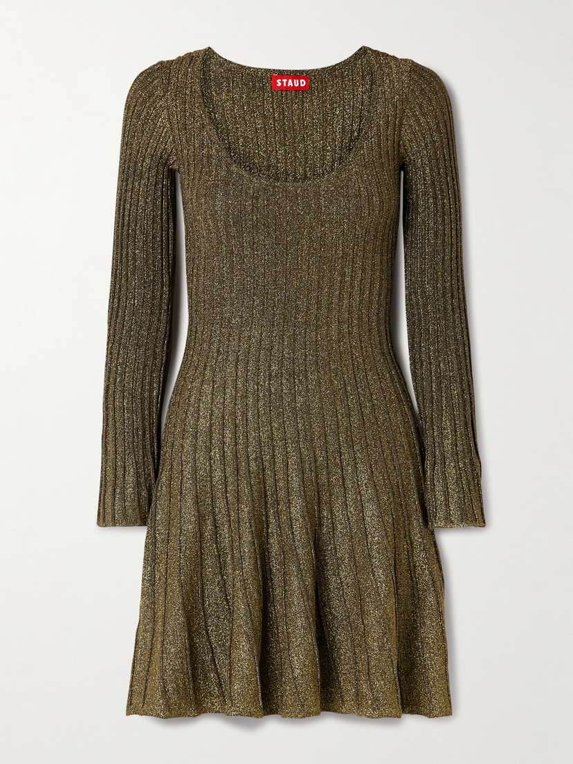 Staud Raquel Metallic Ribbed-knit Mini Dress