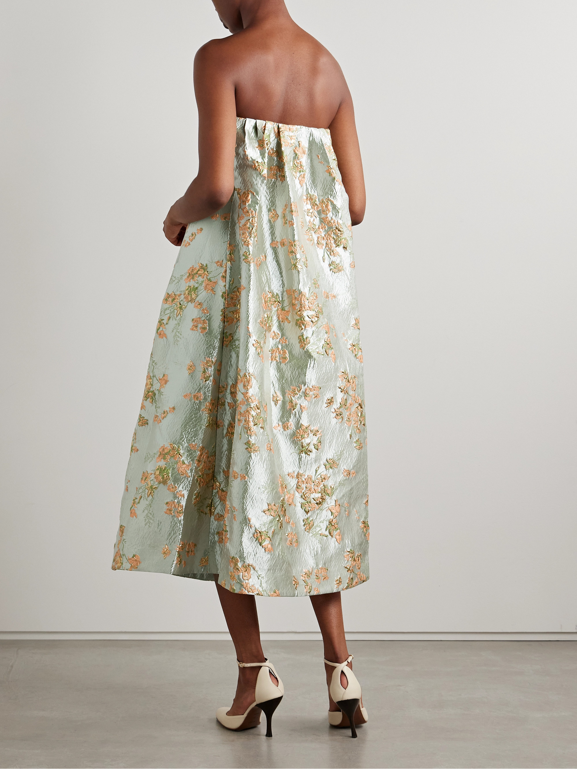 Staud Kennedy strapless gathered metallic brocade midi dress thumbnail