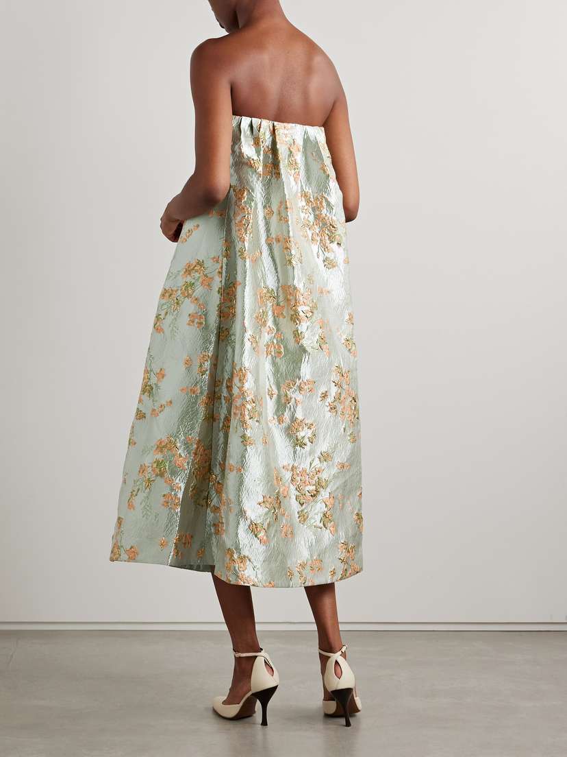 Staud Kennedy Strapless Gathered Metallic Brocade Midi Dress - side view in Metallic