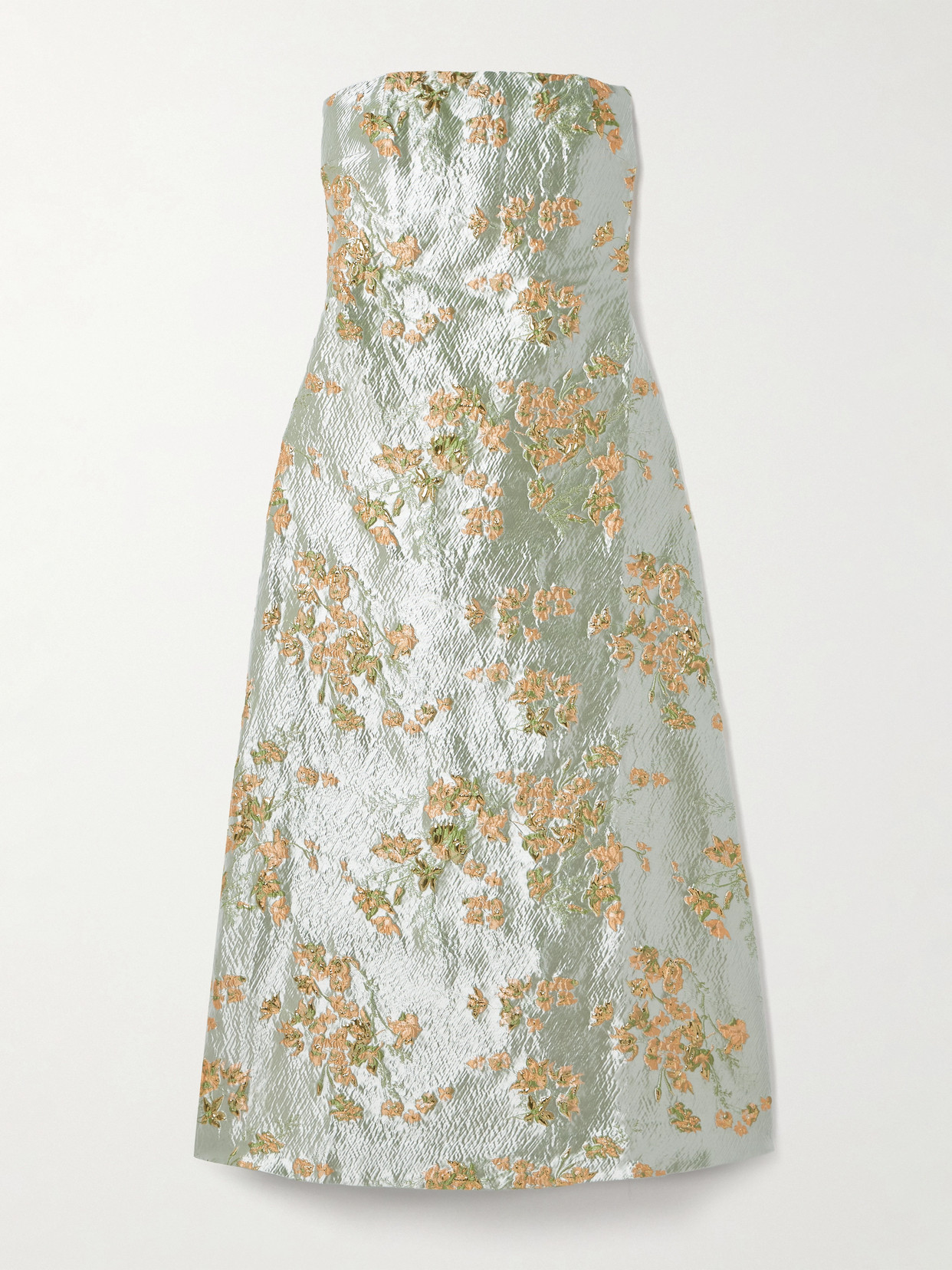 Staud Kennedy Strapless Gathered Metallic Brocade Midi Dress